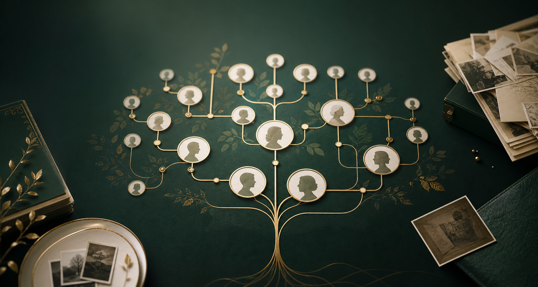 Elegantes Familienbaum-Netzwerk in Dunkelgruen und Gold